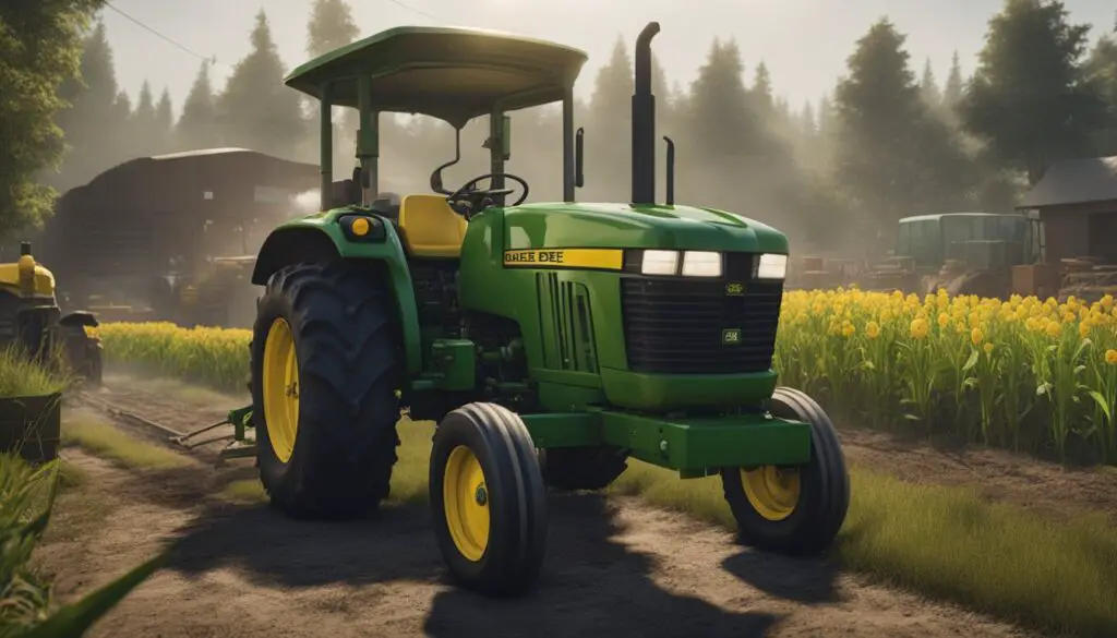 The John Deere 2305 tractor sits idle with a smoking engine and a leaking hydraulic system, surrounded by scattered tools and frustrated farm workers