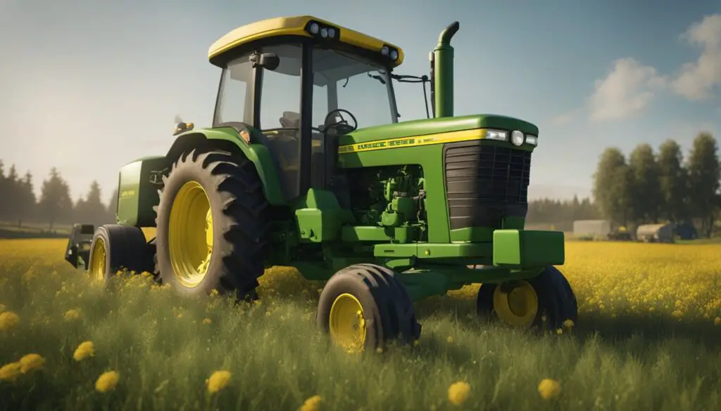 A John Deere 2305 tractor sits in a field, its hydrostatic transmission system exposed for inspection. The mechanic checks for potential problems, with tools and diagnostic equipment nearby