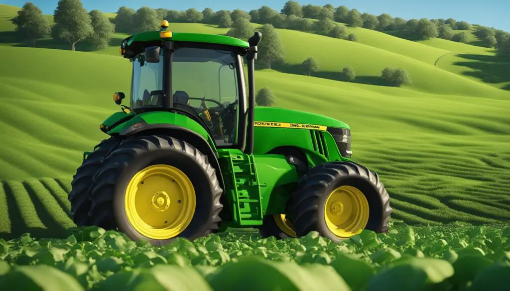 A bright green John Deere 2025R tractor sits in a vast, open field, surrounded by rolling hills and a clear blue sky