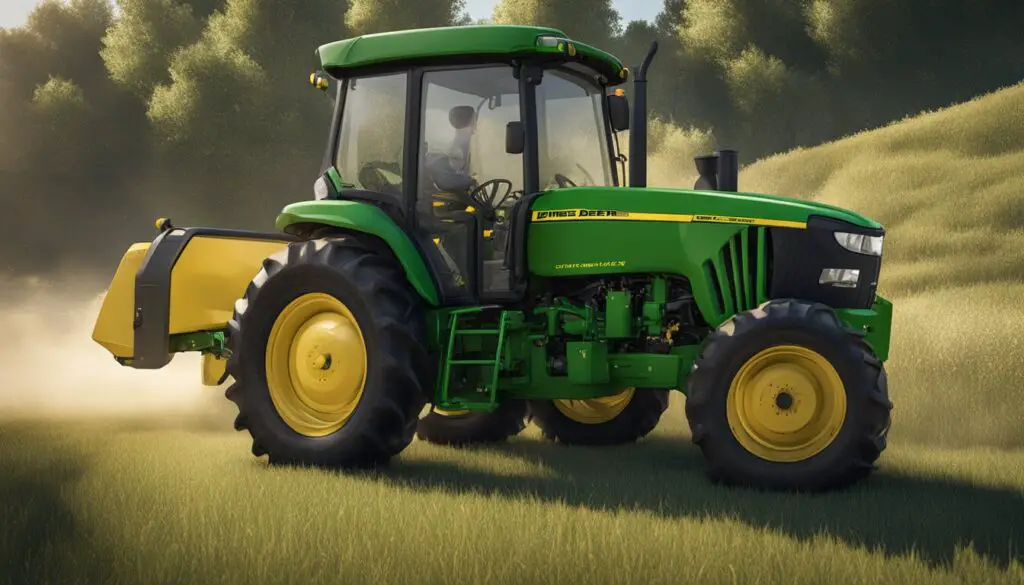 A John Deere 2025r tractor with visible attachment and accessory issues, such as loose or missing parts