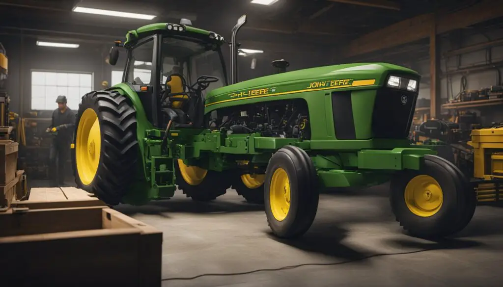 The John Deere 2025r tractor sits in a workshop with a mechanic inspecting the engine and a toolbox nearby. A maintenance manual is open on the table