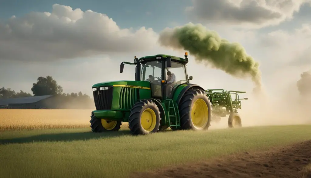 A John Deere 2025r tractor sits in a field with smoke billowing from the engine. A frustrated farmer looks at the manual, scratching his head