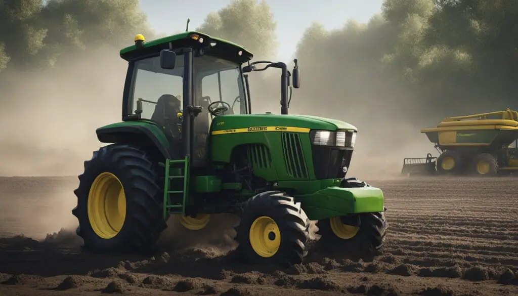A John Deere 2025R tractor sits idle in a muddy field, with smoke billowing from its engine. The rear wheel is stuck in a large rut, and the driver's seat is empty