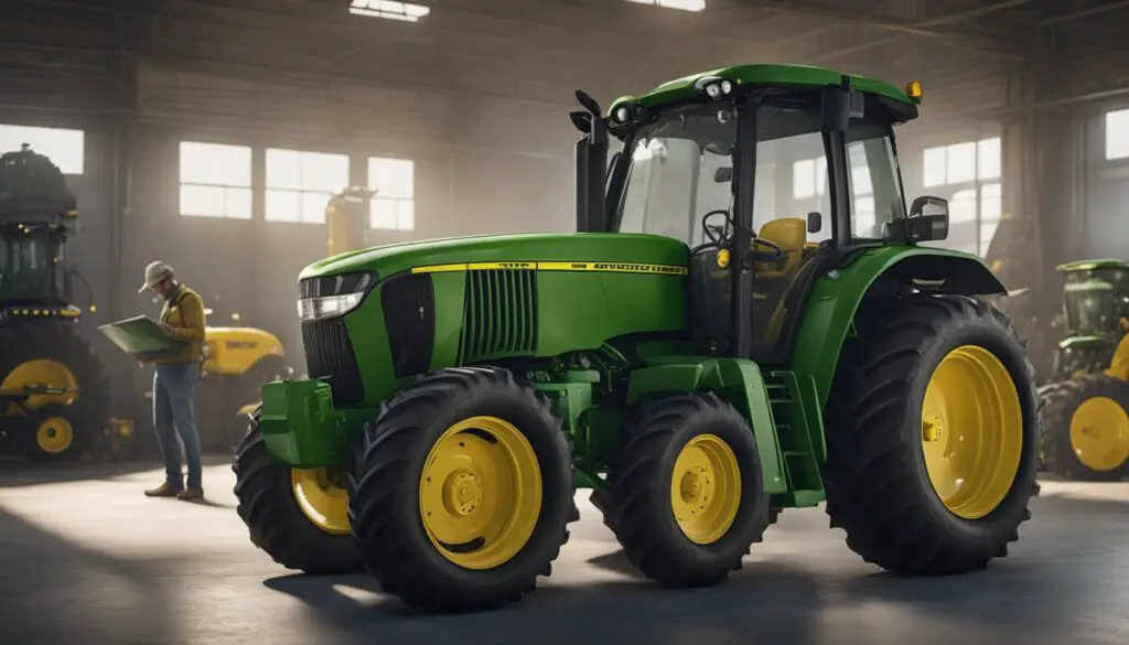 A John Deere tractor with a hydrostatic transmission is being inspected and serviced by a technician to prevent potential problems
