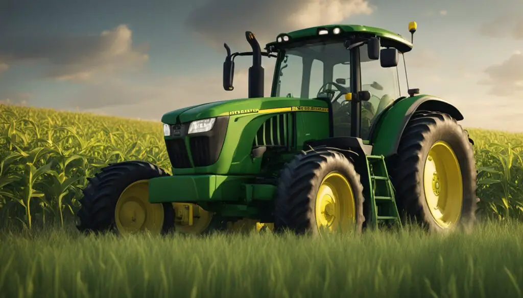 A John Deere tractor sits in a field, with its hydrostatic transmission exposed for inspection. The mechanic is troubleshooting the problem, surrounded by tools and diagnostic equipment