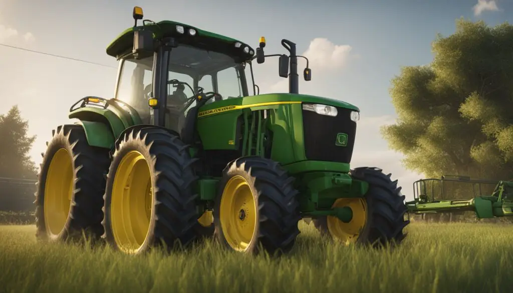 A John Deere tractor sits in a field, with a close-up on the hydrostatic transmission system. The tractor is surrounded by tools and diagnostic equipment