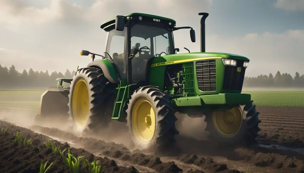 A John Deere 5075E tractor sits in a muddy field, smoke billowing from its engine. The front wheel is stuck, and the farmer looks frustrated