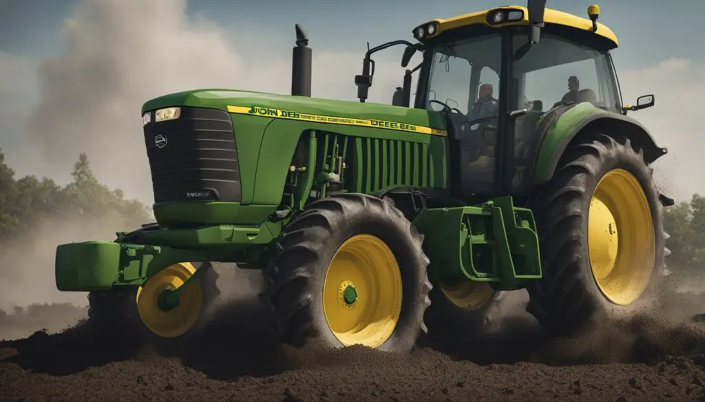 The John Deere 5075E tractor is stuck in a muddy field, its wheels spinning but unable to gain traction. Smoke billows from the engine as the frustrated farmer tries to troubleshoot the mechanical problems