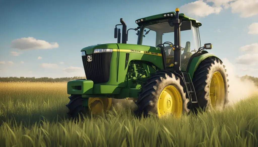 The John Deere 3038E sits in a field, surrounded by tall grass and under a bright blue sky. Its engine emits a puff of smoke, indicating a potential problem