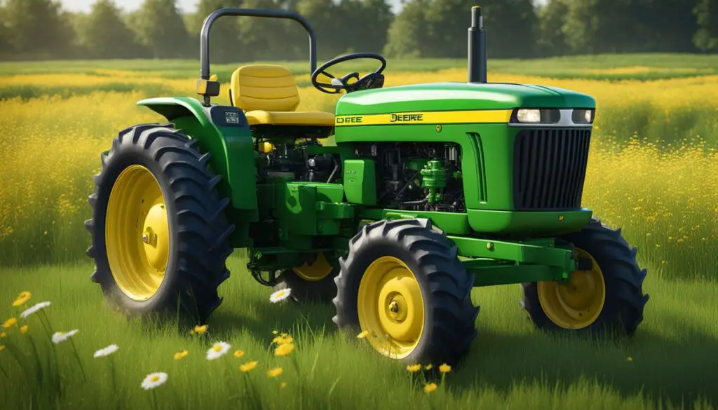 The John Deere 3038E tractor sits in a field, surrounded by tall grass and wildflowers. Its engine is off, and there are no visible signs of mechanical issues