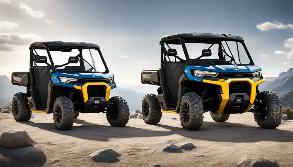 The rugged Can-Am Defender and Polaris Ranger sit side by side, showcasing their design and comfort features