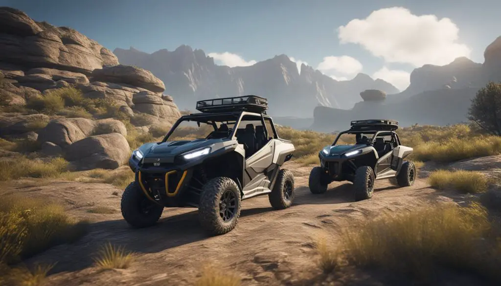 A rugged landscape with a utility vehicle and a side-by-side ATV facing off in a dynamic and action-packed pose