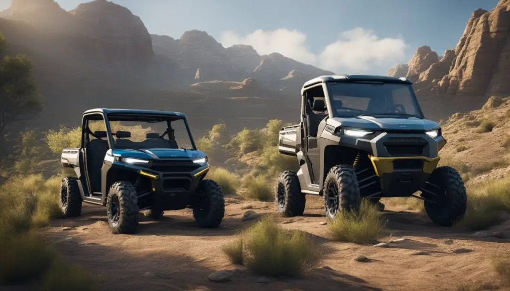 A rugged landscape, with the Am Defender and Polaris Ranger facing off, exuding strength and durability
