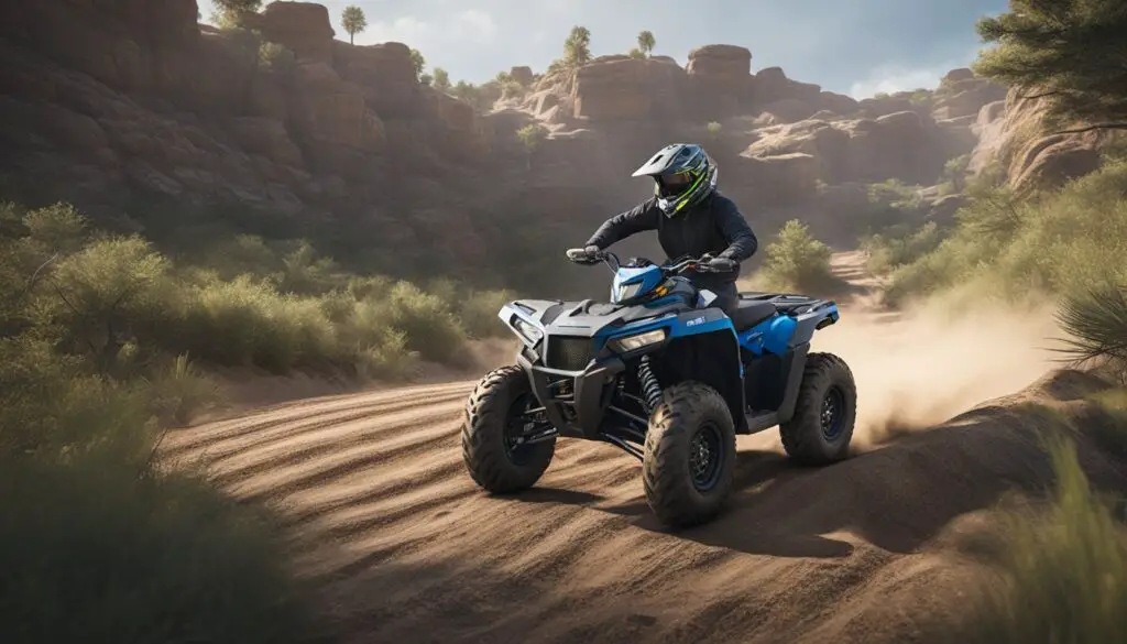 A Polaris ATV sits on a dirt trail, with a mechanic inspecting the brake system. The brake lever is pulled, but no pressure is building in the brake lines