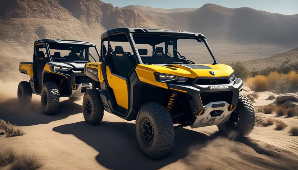 Two Can-Am Defender vehicles, the HD9 and HD10, face off in a rugged off-road terrain. Dust kicks up as they power through the challenging landscape