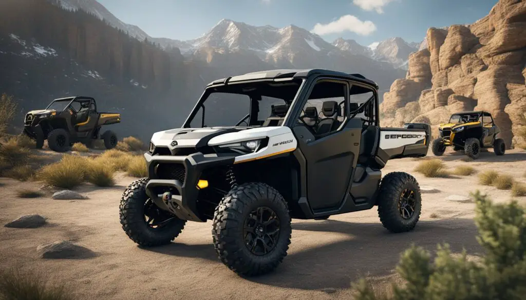 The Can-Am Defender HD9 and HD10 are parked side by side in a rugged outdoor setting, showcasing their durable design and comfortable features