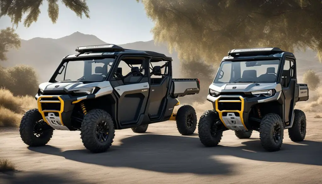 The Can-Am Defender HD9 and HD10 are lined up side by side, with a focus on their features and pricing details