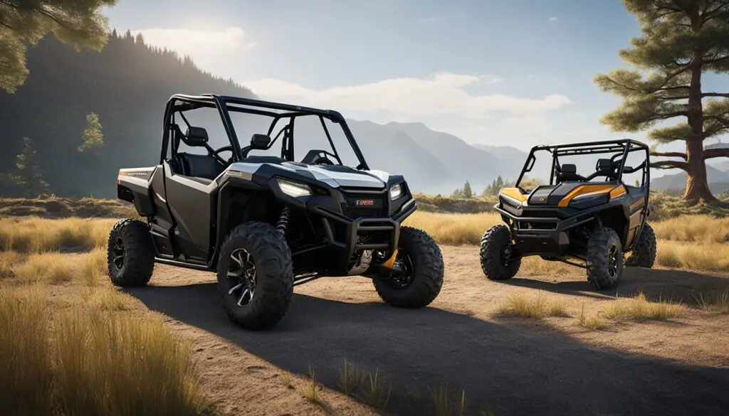 The Honda Pioneer and Polaris Ranger are parked side by side in a serene outdoor setting, showcasing their sleek design and comfortable features