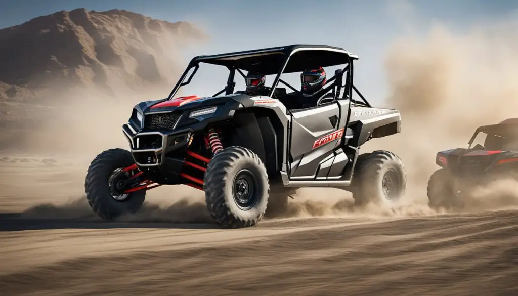 The Honda Pioneer and Polaris Ranger race side by side, kicking up dust as they demonstrate their powerful engine and performance capabilities
