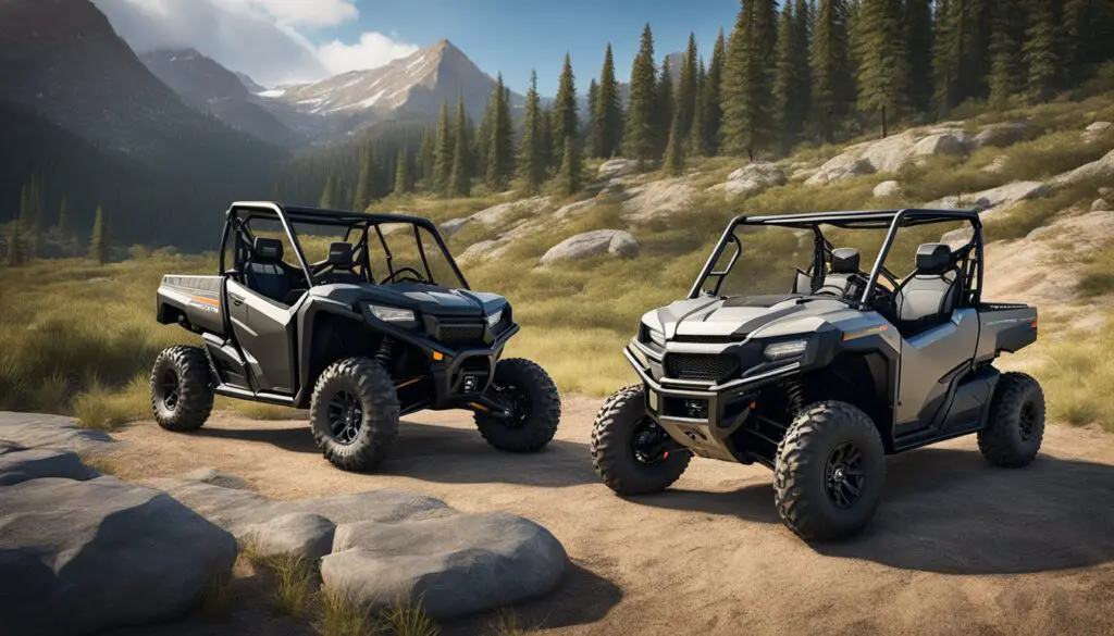 The Honda Pioneer and Polaris Ranger are shown side by side in a rugged outdoor setting, highlighting their durability and versatility