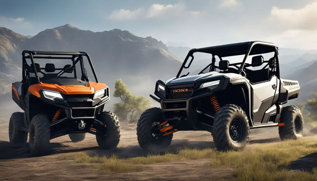 Two side-by-side off-road vehicles, the Honda Pioneer and the Polaris Ranger, navigating rough terrain with ease, showcasing their safety and durability
