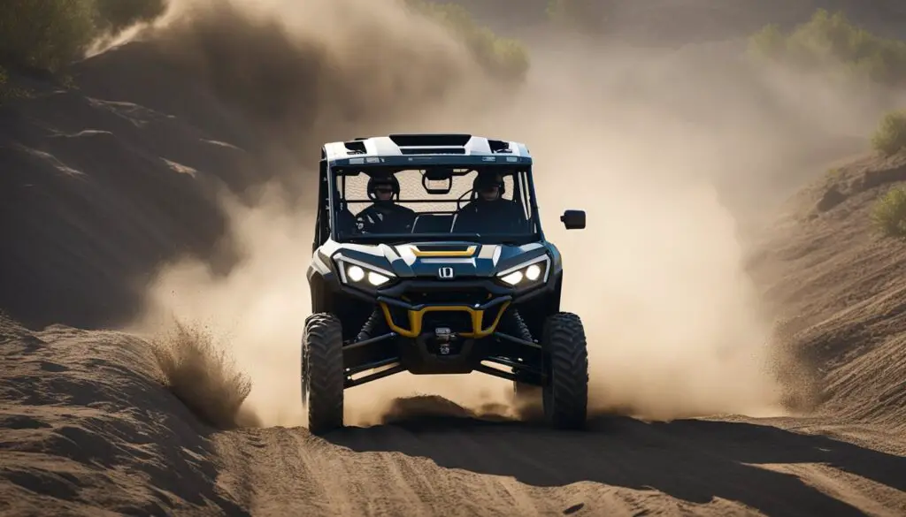 The Can-Am Defender and Honda Pioneer race through rugged terrain, kicking up dust and mud as they navigate obstacles and rough terrain