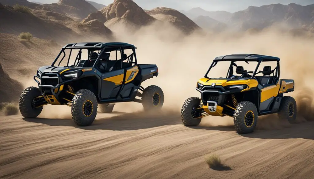 The Can-Am Defender and Honda Pioneer race side by side, kicking up dust as they power through rugged terrain