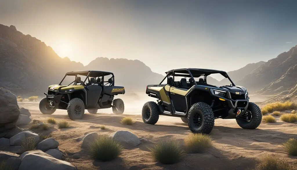 The Can-Am Defender and Honda Pioneer face off, showcasing their features and technology in a rugged outdoor setting