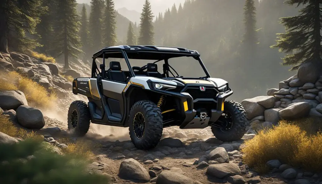 The Can-Am Defender and Honda Pioneer tackle rugged terrain, navigating steep inclines and rocky obstacles with ease