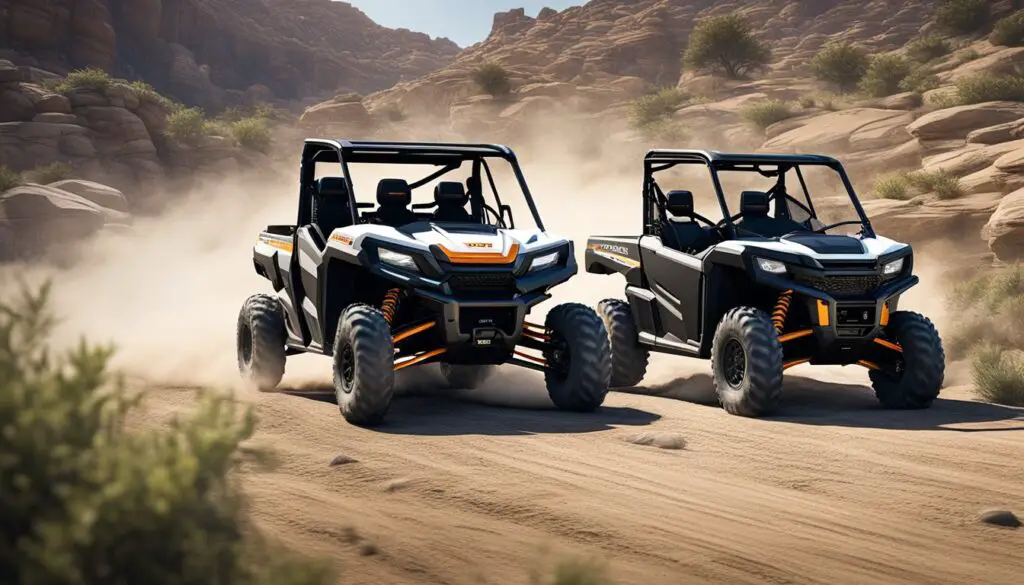 Two utility task vehicles racing through a rugged terrain, the Honda Pioneer 520 and the Polaris Ranger 500 in a head-to-head competition