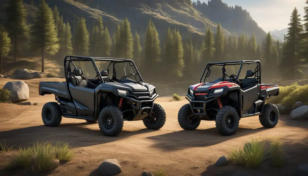 The Honda Pioneer 520 and Polaris Ranger 500 are parked side by side in a rugged outdoor setting, with mountains and trees in the background. The vehicles are shown from a three-quarter angle, highlighting their distinct features and design