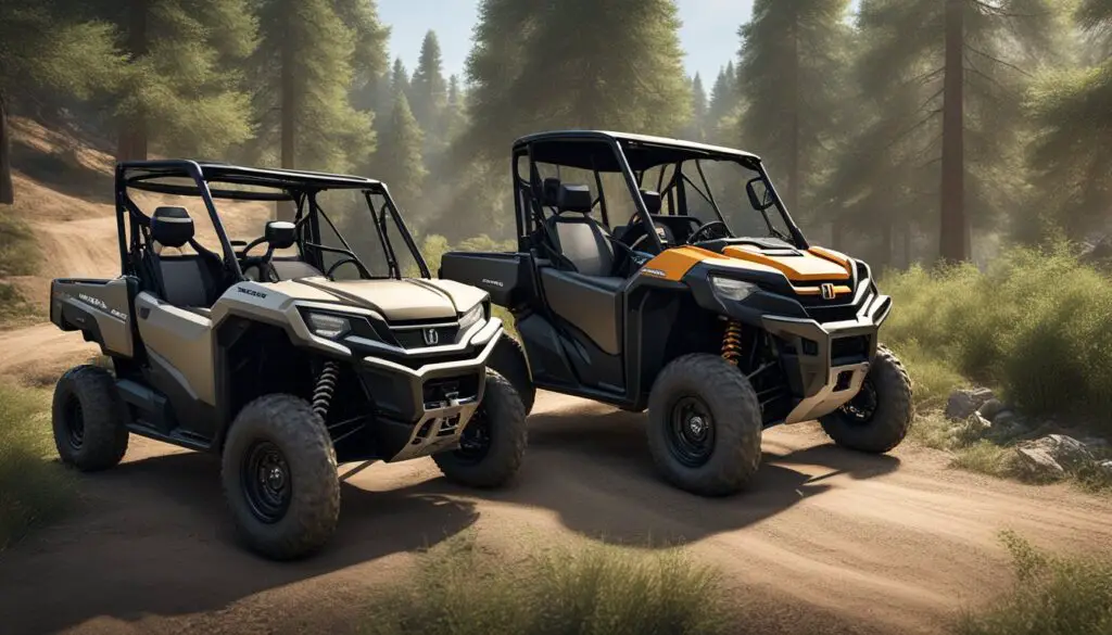 Two side-by-side utility vehicles on a dirt trail, with the Honda Pioneer 520 and Polaris Ranger 500 facing each other. The vehicles are surrounded by trees and bushes, with a clear sky in the background