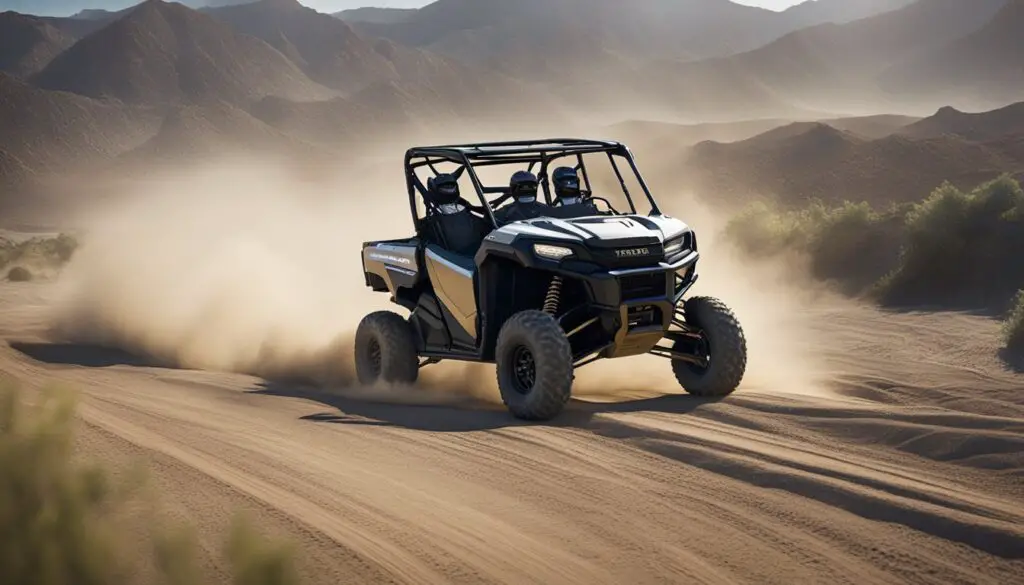 The Honda Pioneer 1000 and Polaris Ranger 1000 face off in a rugged, off-road terrain, kicking up dust and leaving tire tracks in their wake