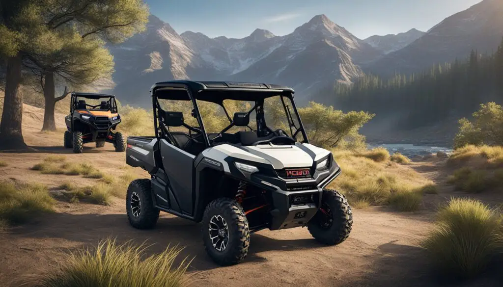 The Honda Pioneer 1000 and Polaris Ranger 1000 parked side by side in a rugged outdoor setting, showcasing their sleek designs and comfortable features