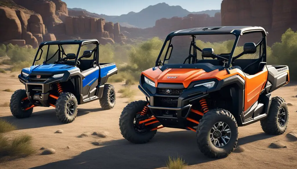 The Honda Pioneer 1000 and Polaris Ranger 1000 are shown side by side, highlighting their features and capabilities for utility and functionality