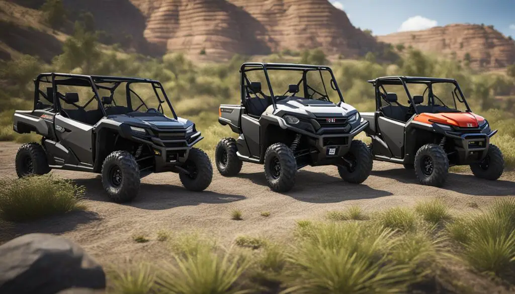 Two side-by-side utility vehicles, Honda Pioneer 1000 and Polaris Ranger 1000, parked on a rugged terrain. Both vehicles exude a sense of safety and reliability with their sturdy build and advanced features