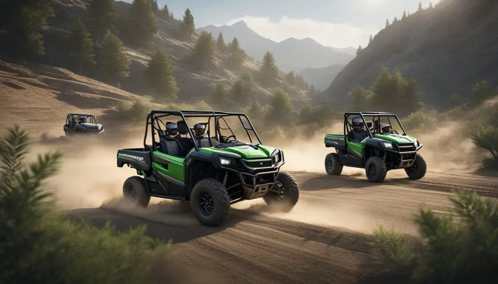 The Honda Pioneer and Kawasaki Mule race across a rugged terrain, kicking up dust and leaving a trail of tire tracks behind them