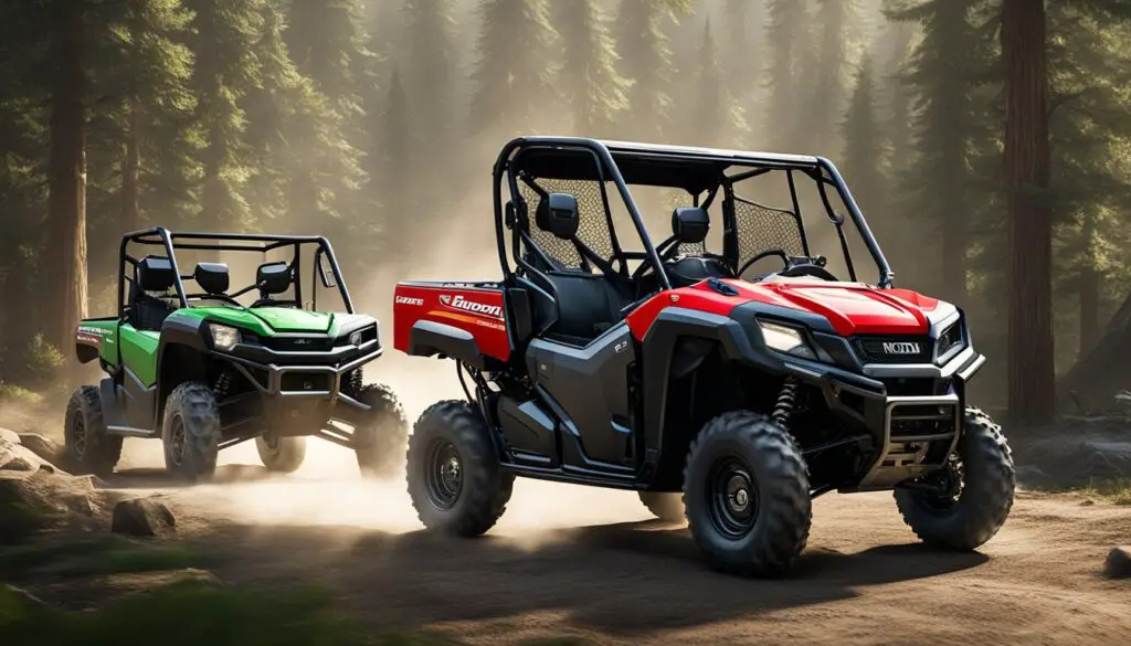 The Honda Pioneer and Kawasaki Mule are side by side, showcasing their specifications for comparison