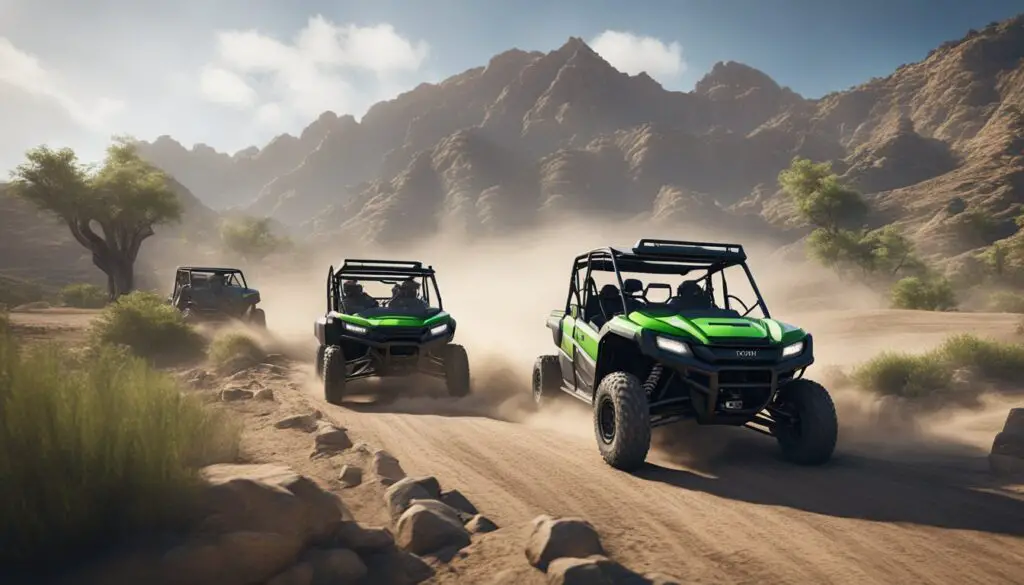Two off-road vehicles, the Honda Pioneer and Kawasaki Mule, face off in a rugged terrain, with dust flying and engines roaring