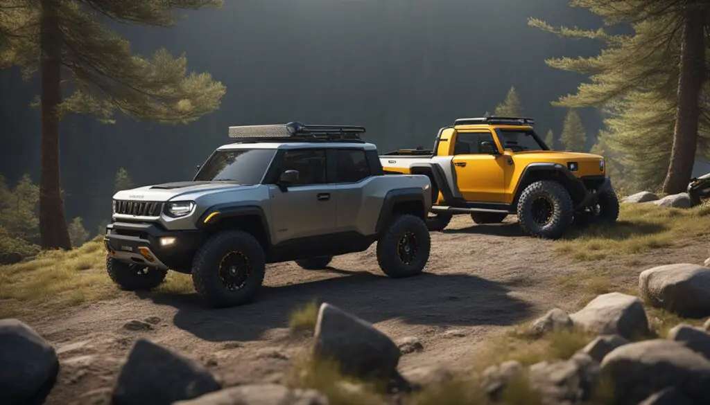 Two utility vehicles side by side in a rugged outdoor setting, showcasing their features and capabilities