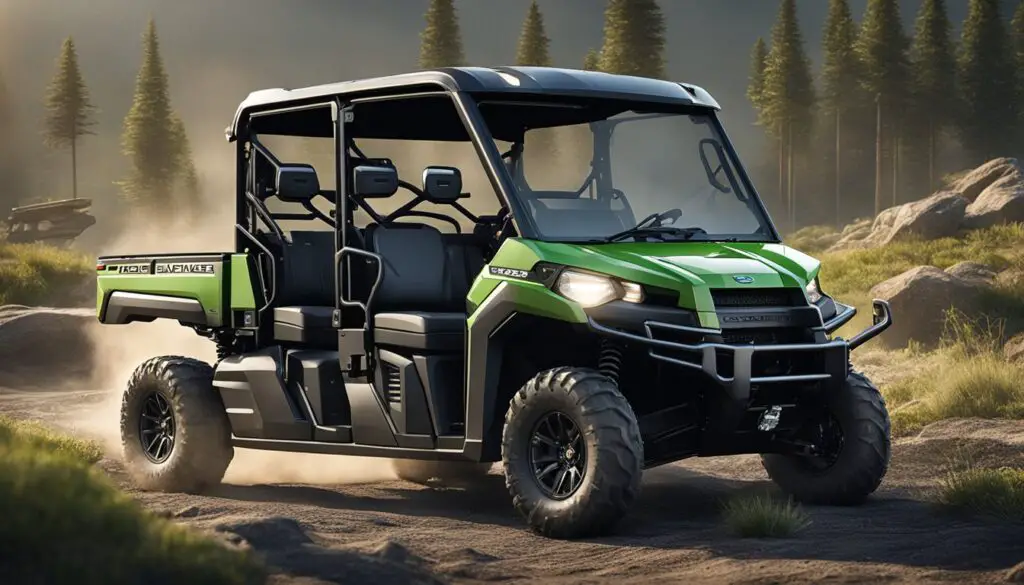 Two utility vehicles, Polaris Ranger and Kawasaki Mule, side by side in a rugged outdoor setting