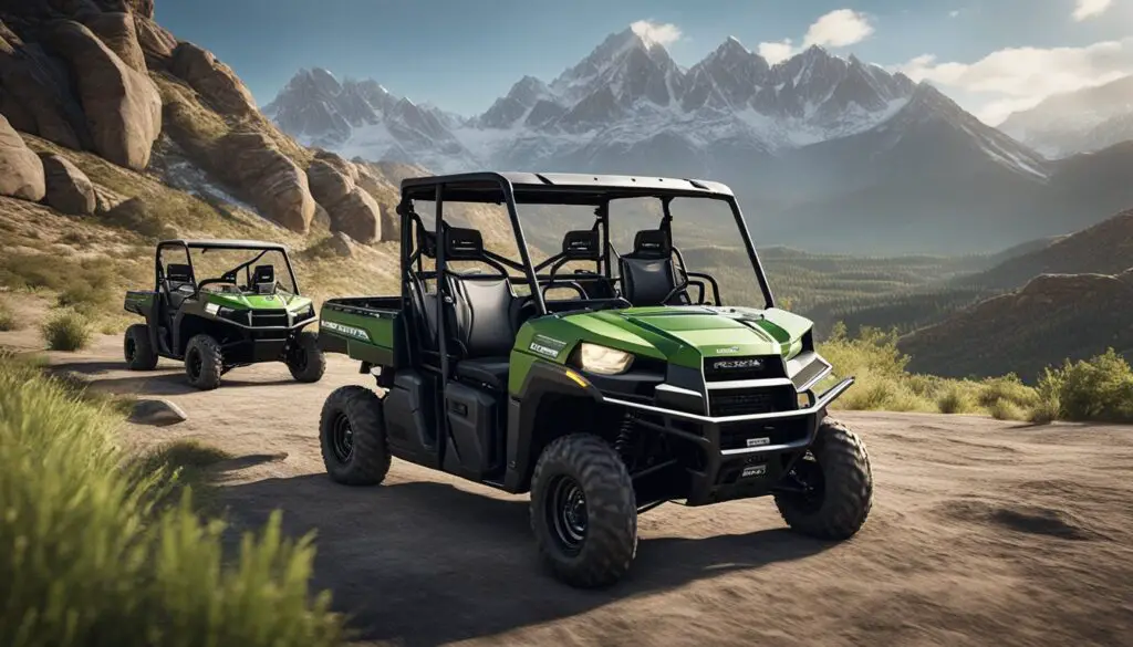 Two off-road vehicles, a Polaris Ranger and a Kawasaki Mule, are parked side by side in a rugged outdoor setting, with a mountainous backdrop and a sense of adventure in the air