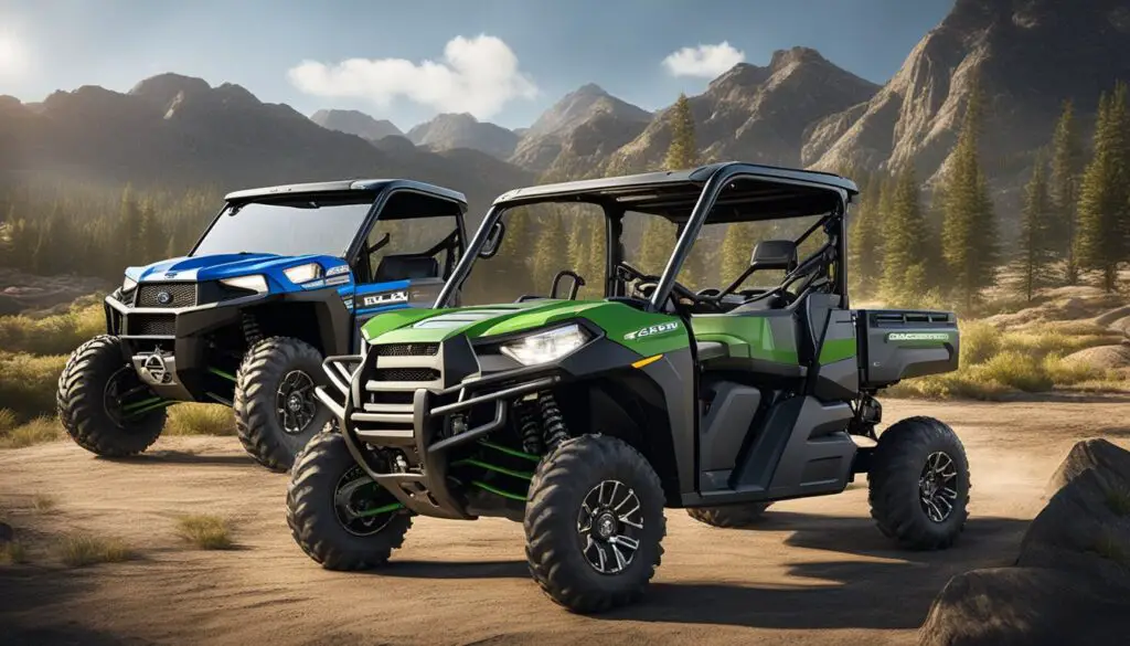 Two utility vehicles side by side in a rugged outdoor setting, with a focus on the distinct features and branding of the Polaris Ranger and Kawasaki Mule
