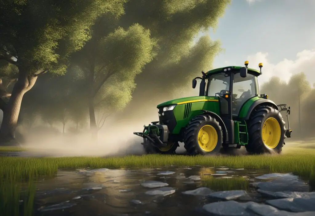 The John Deere X320 sits idle, smoke billowing from its engine. A puddle of oil forms beneath, and the grass remains uncut
