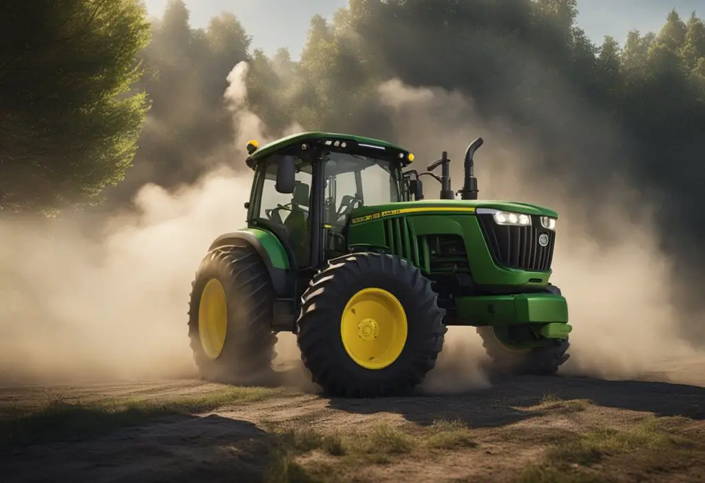 The John Deere X320 sits idle, with smoke rising from its engine. The battery is dead, and electrical wires are exposed, sparking and sputtering