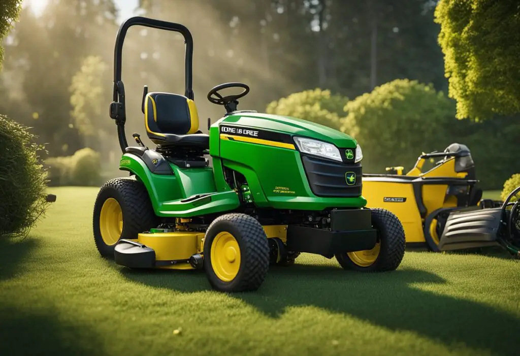 The John Deere x320 mower sits idle with a smoking engine, surrounded by scattered tools and a frustrated operator