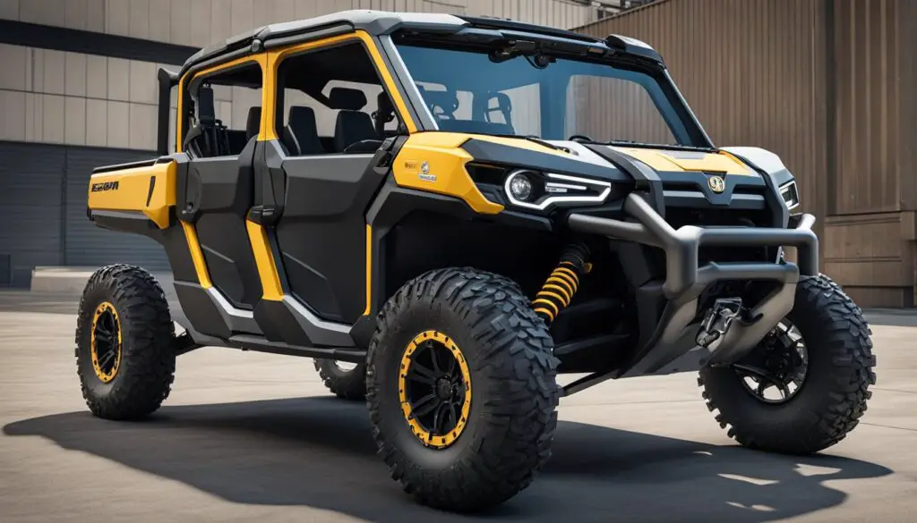 The Can-Am Defender sits with a malfunctioning electric window, surrounded by various accessories and upgrade parts