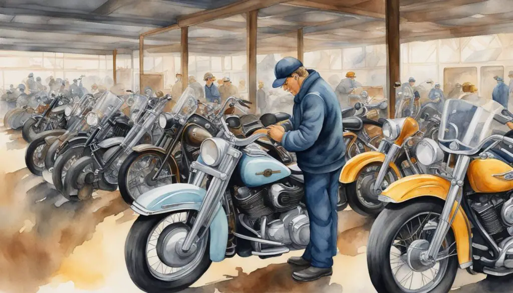 A mechanic organizing a display of vintage Harley-Davidson motorcycles, with caution signs for outdated models