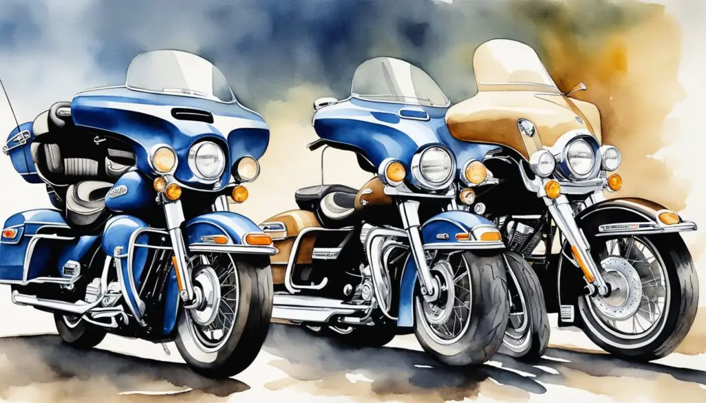 A lineup of Electra Glide motorcycles from various years, showcasing the best and worst models, with detailed features and differences highlighted