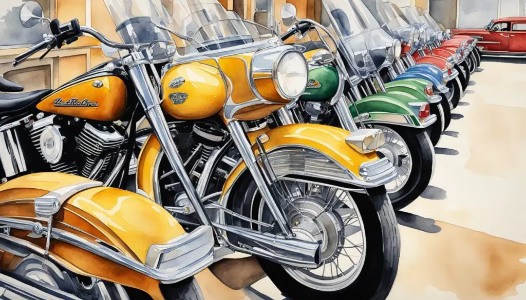 A row of vintage Electra Glide motorcycles, showcasing the best and worst years, lined up in a motorcycle showroom